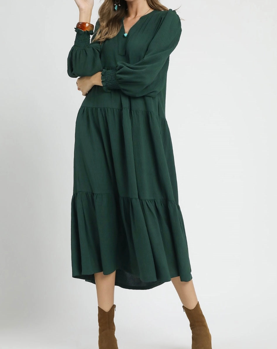 Hunter Green Tiered Midi Dress  Indigo Bleu Boutique