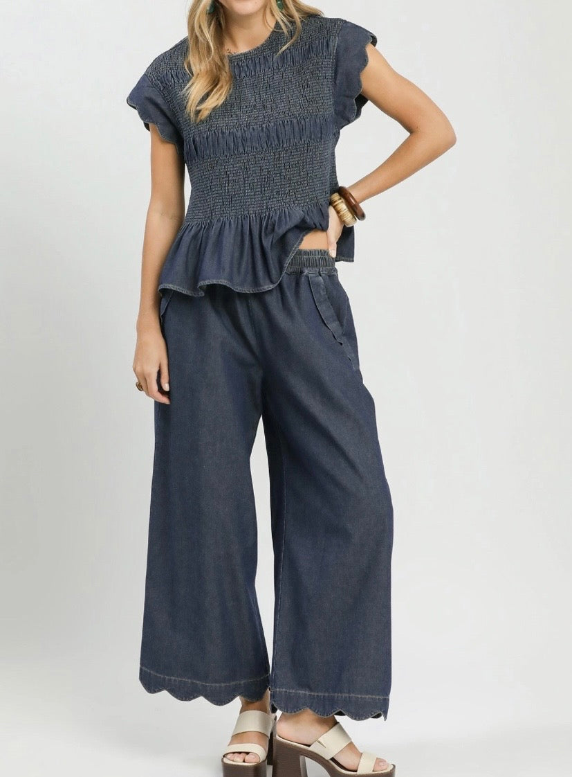 Madi Indigo Chambray Scalloped Hem Pant