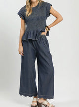 Madi Indigo Chambray Scalloped Hem Pant