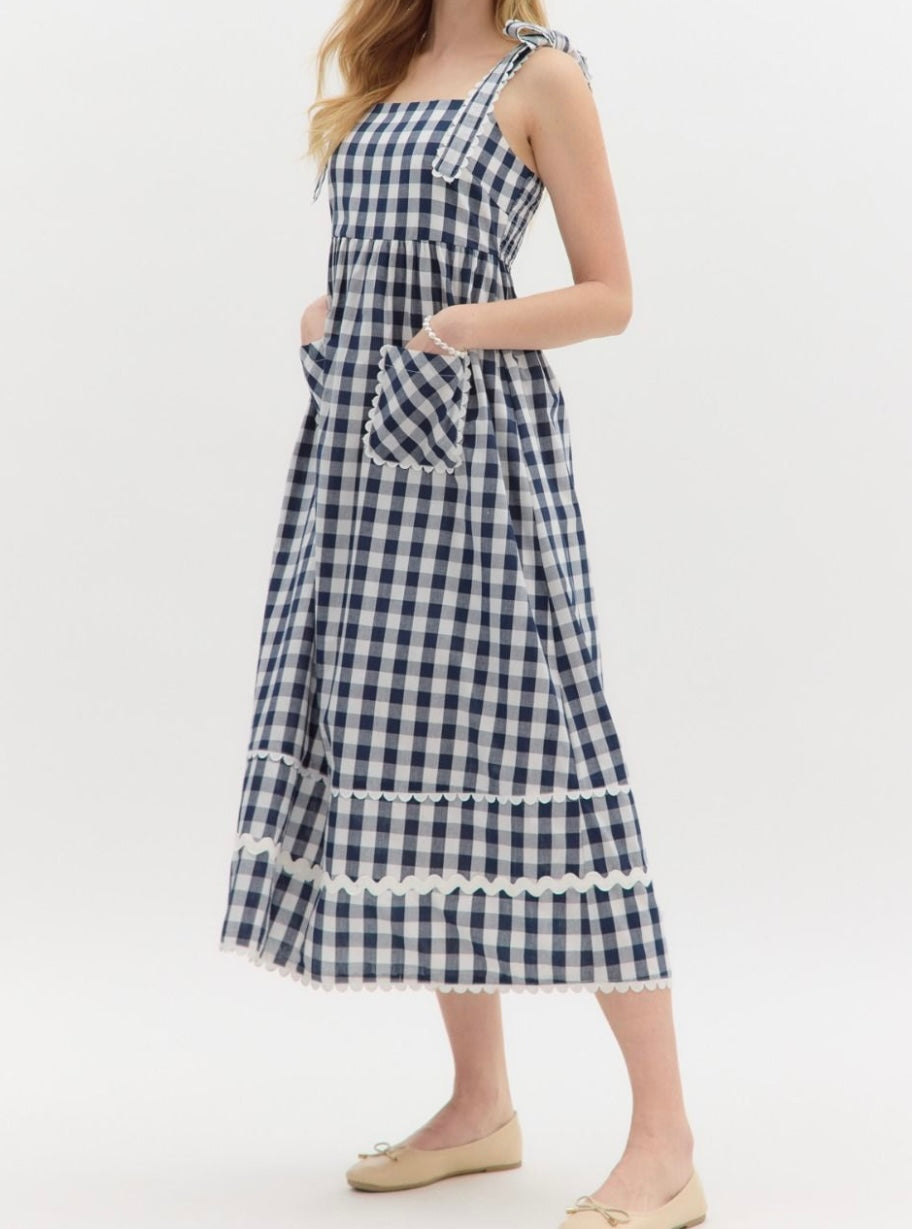 Noelle Navy Gingham Midi Dress