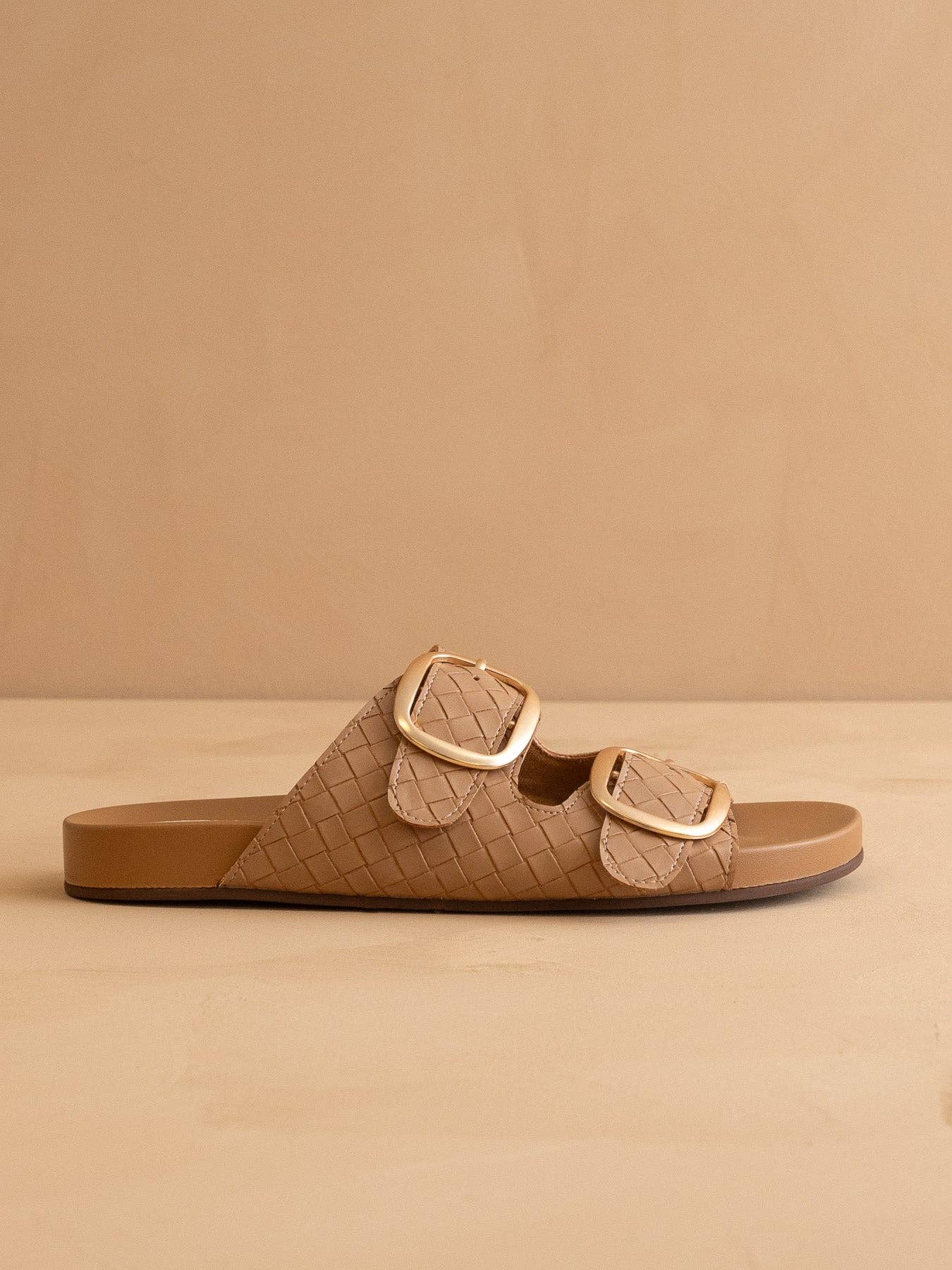 The Desiree | Almond Woven Slide with Oversized Gold Buckles