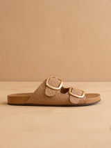 The Desiree | Almond Woven Slide with Oversized Gold Buckles
