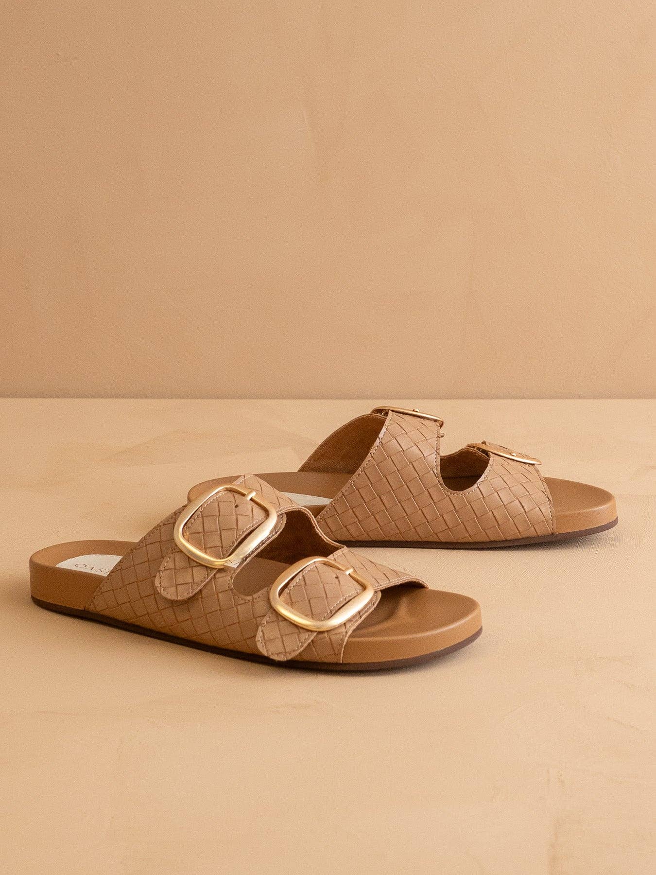 The Desiree | Almond Woven Slide with Oversized Gold Buckles