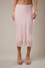 Pink Petal Lace Trim Midi Skirt