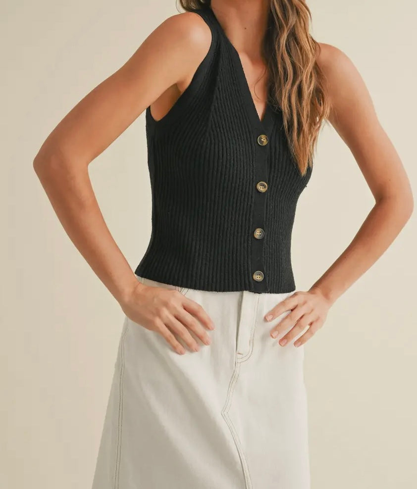 Lana Black Ribbed V Neck Top