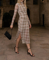 PLAID MESH RUCHED HIGH NECK LONG SLEEVE MIDI DRESS