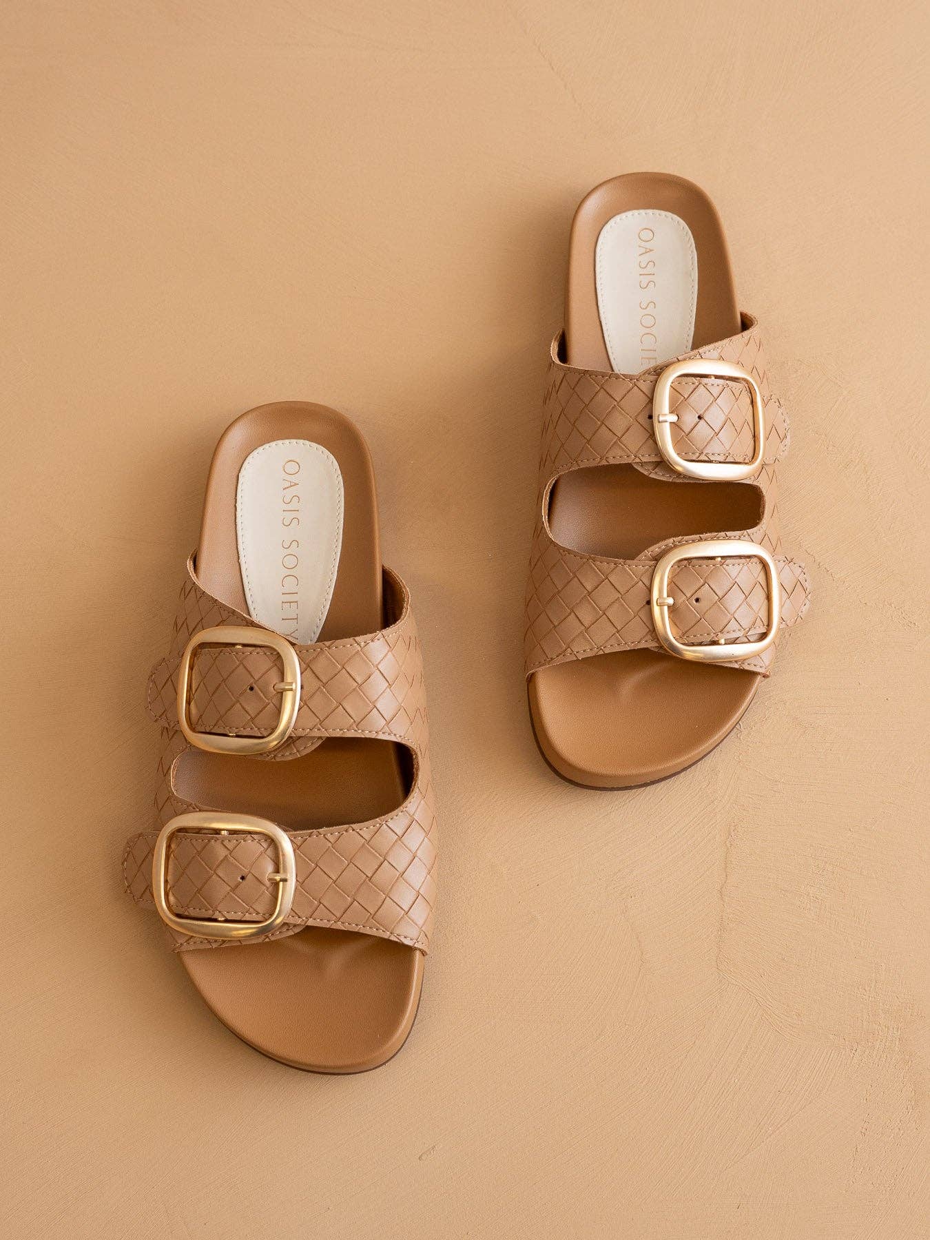 The Desiree | Almond Woven Slide with Oversized Gold Buckles