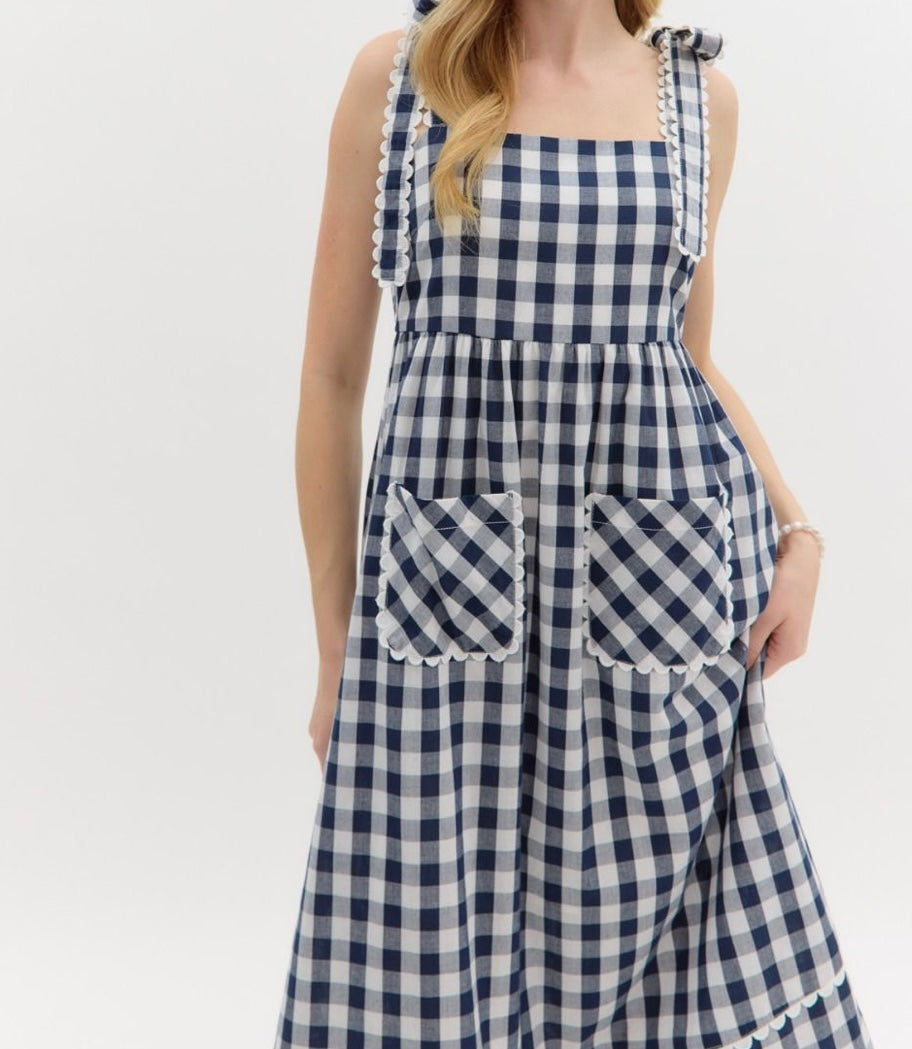 Noelle Navy Gingham Midi Dress