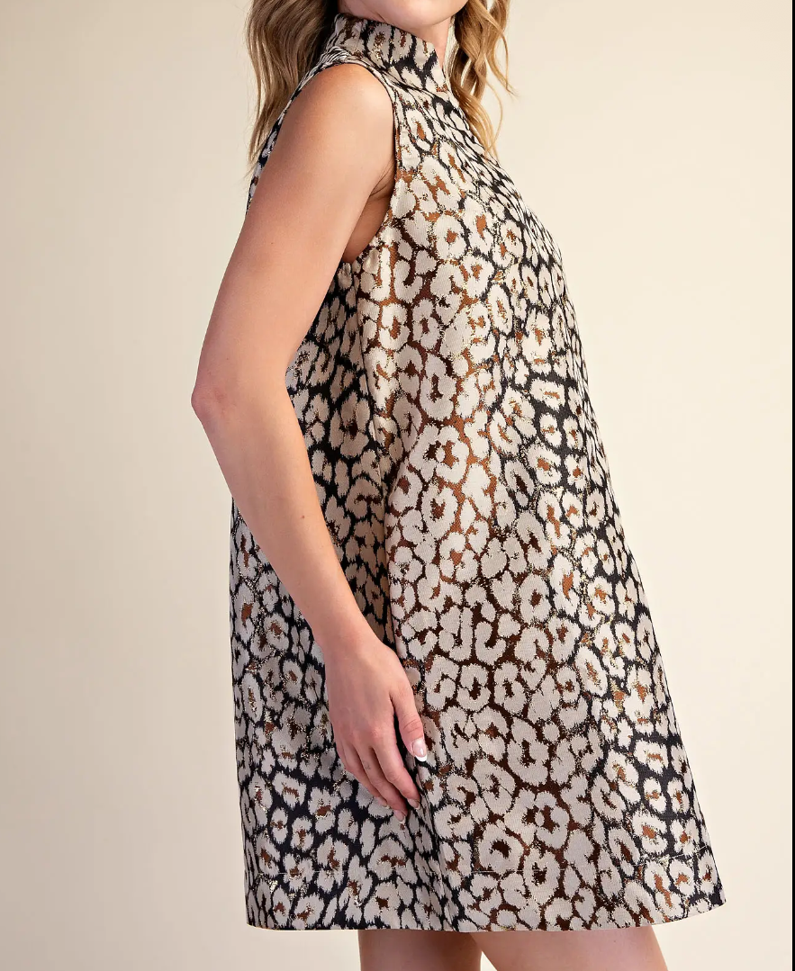 Terry Stand Collar Animal Print Dress
