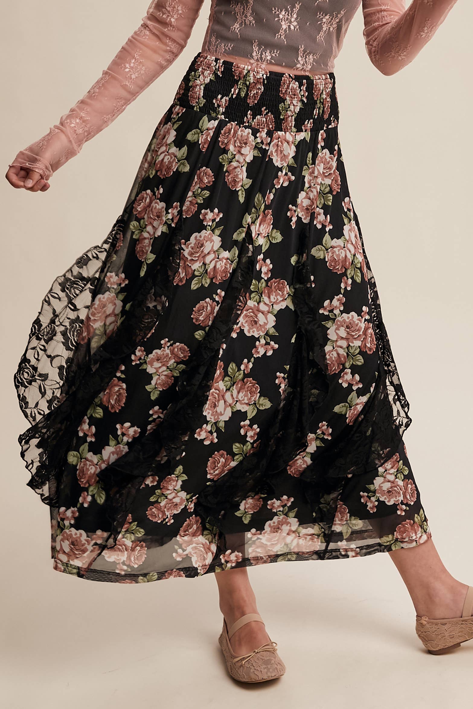 Rose Ruffle Midi Skirt