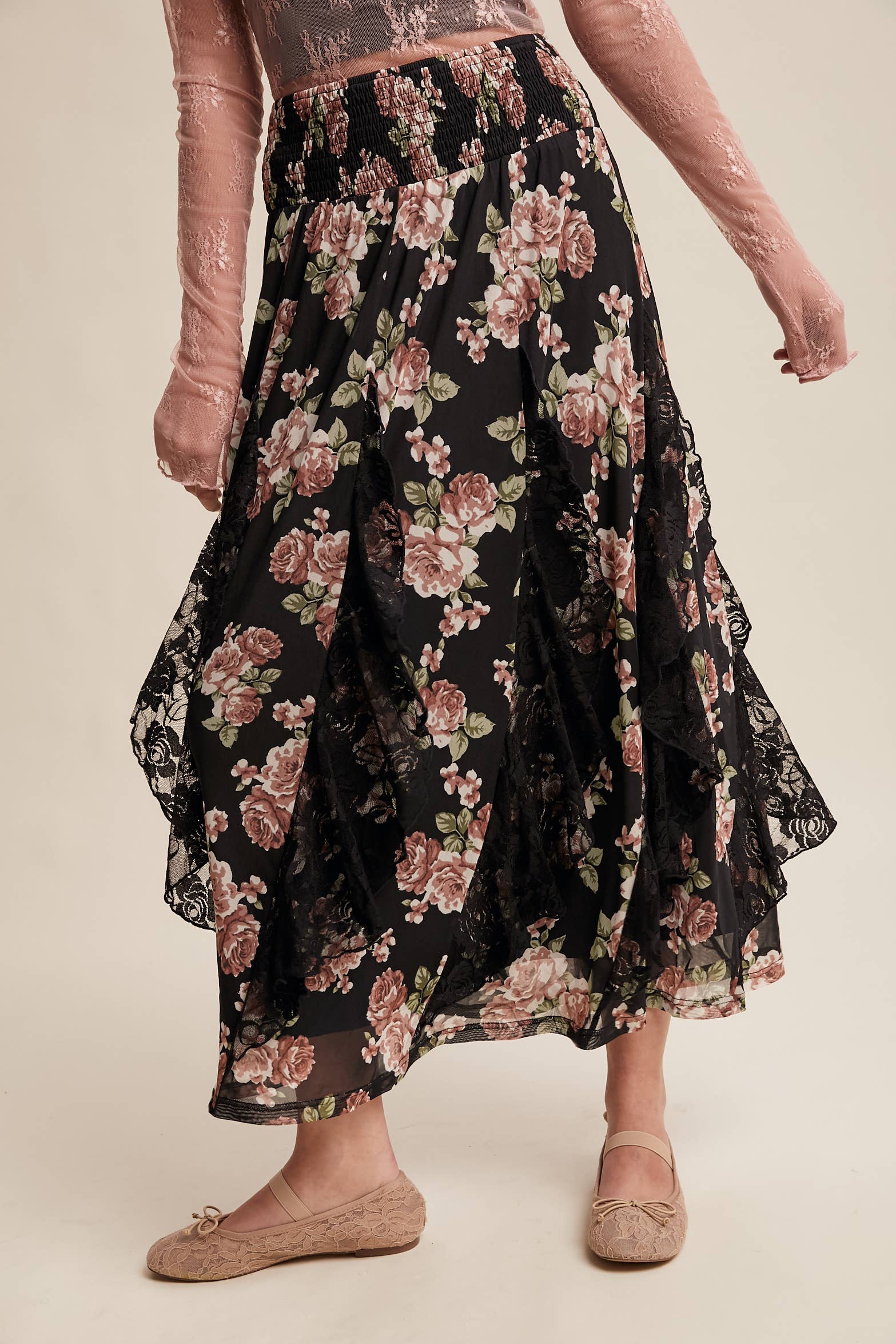 Rose Ruffle Midi Skirt