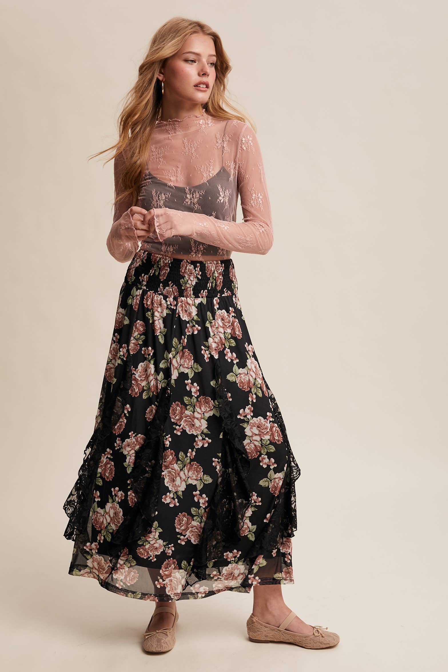 Rose Ruffle Midi Skirt