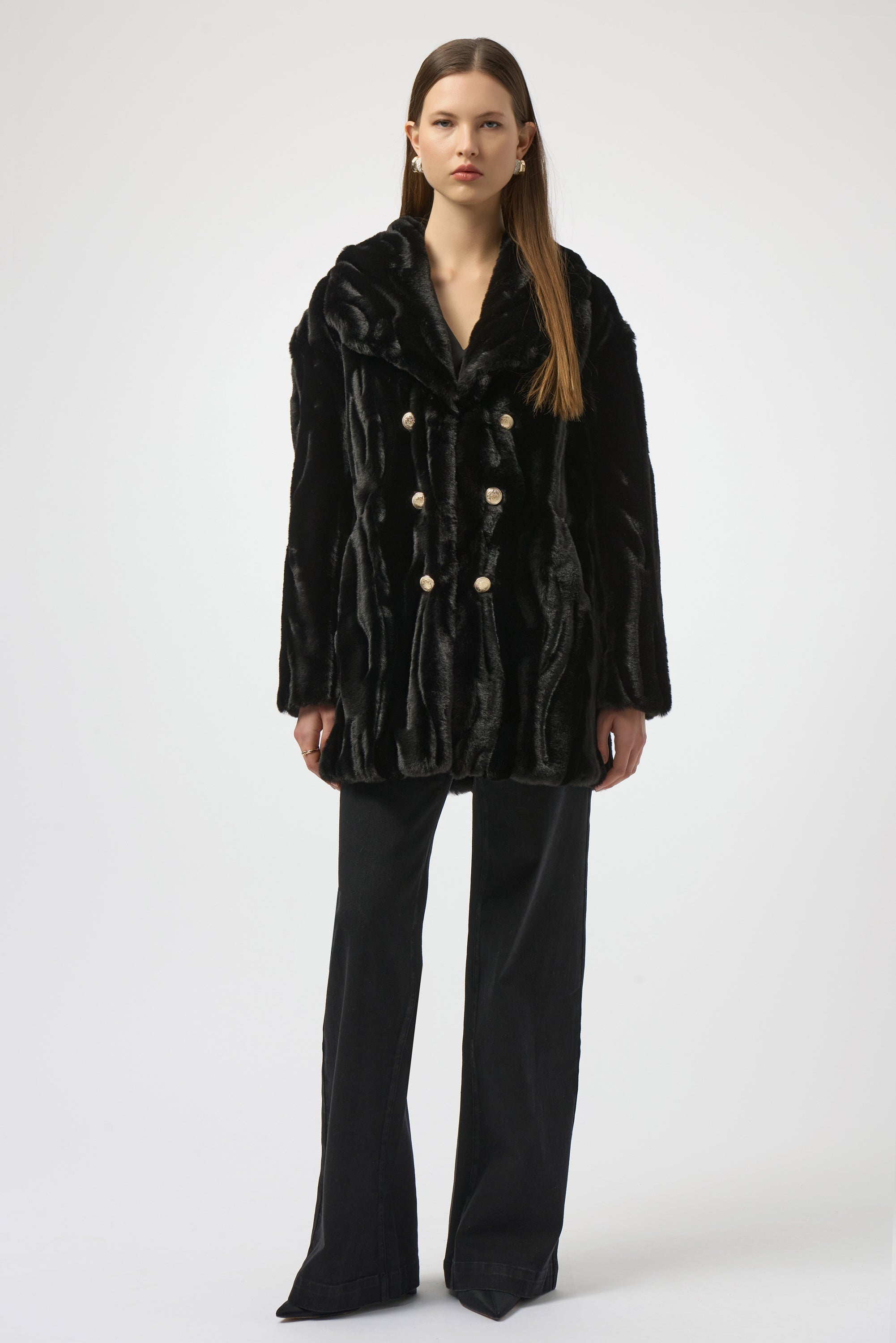 JR Textured Faux Fur Shawl Collar Coat