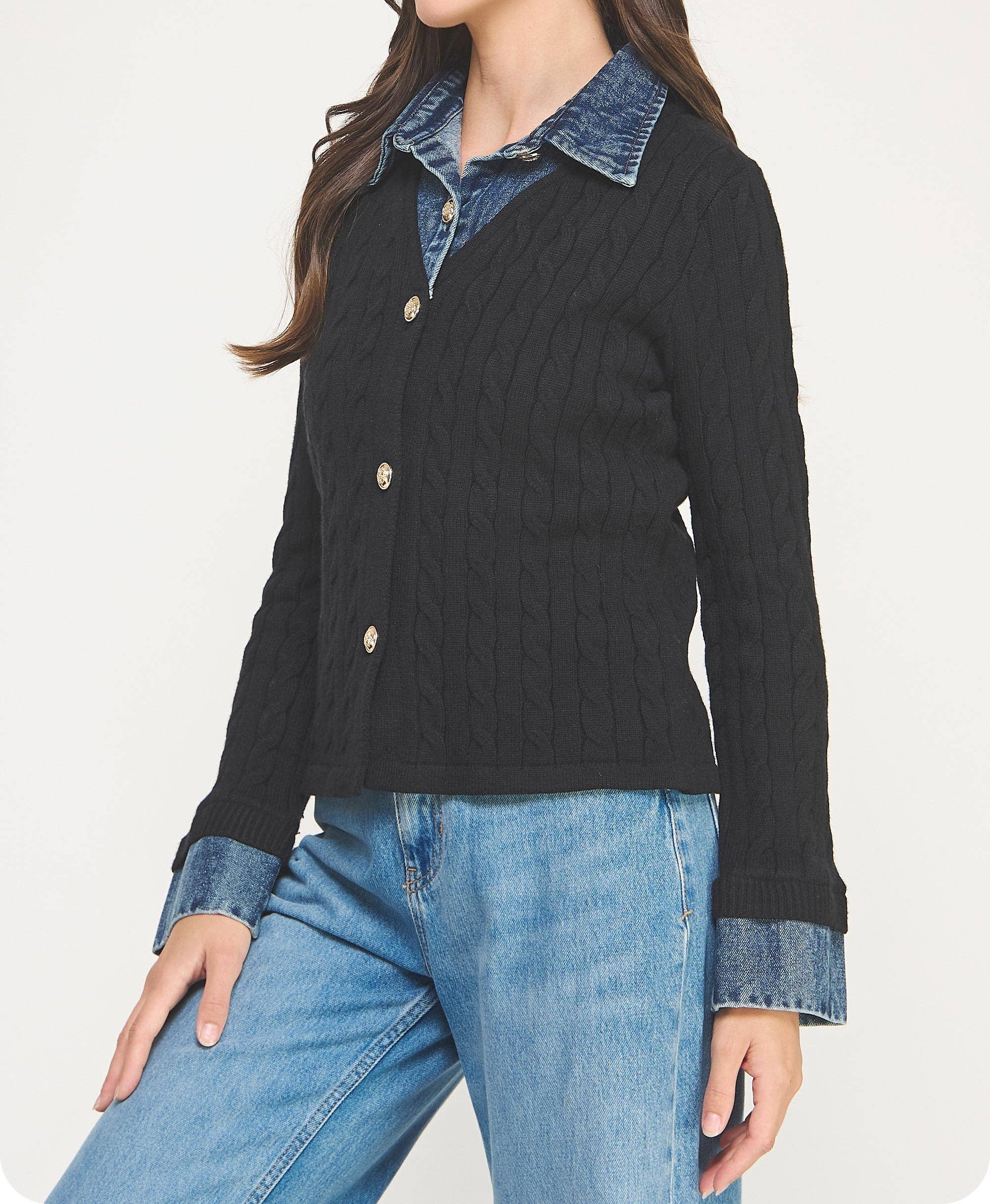 Mixed Media Denim Contrast Sweater Cardigan