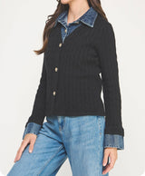 Mixed Media Denim Contrast Sweater Cardigan