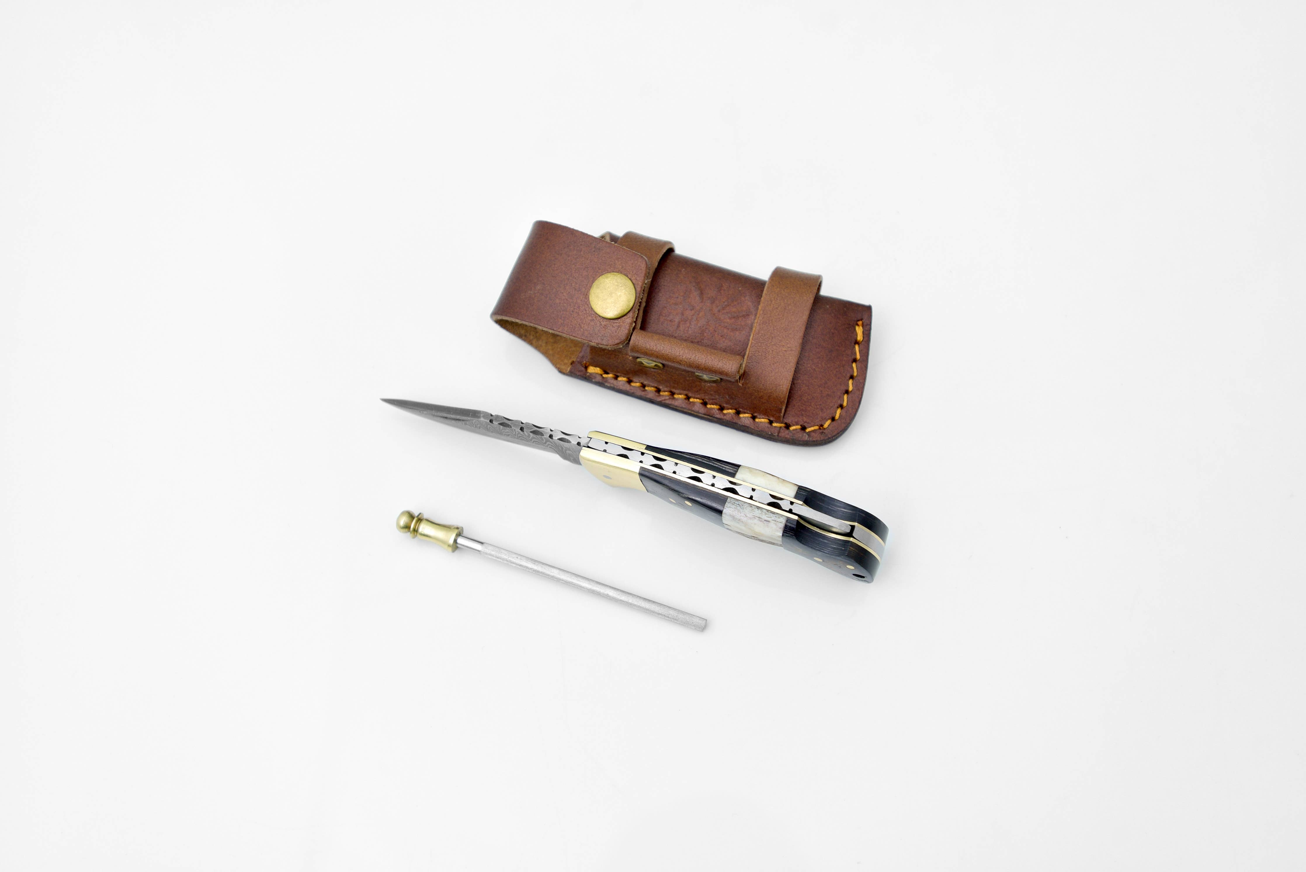 Damascus steel pocket knife Limited Run Black Diamond Wood and Stag Horn
