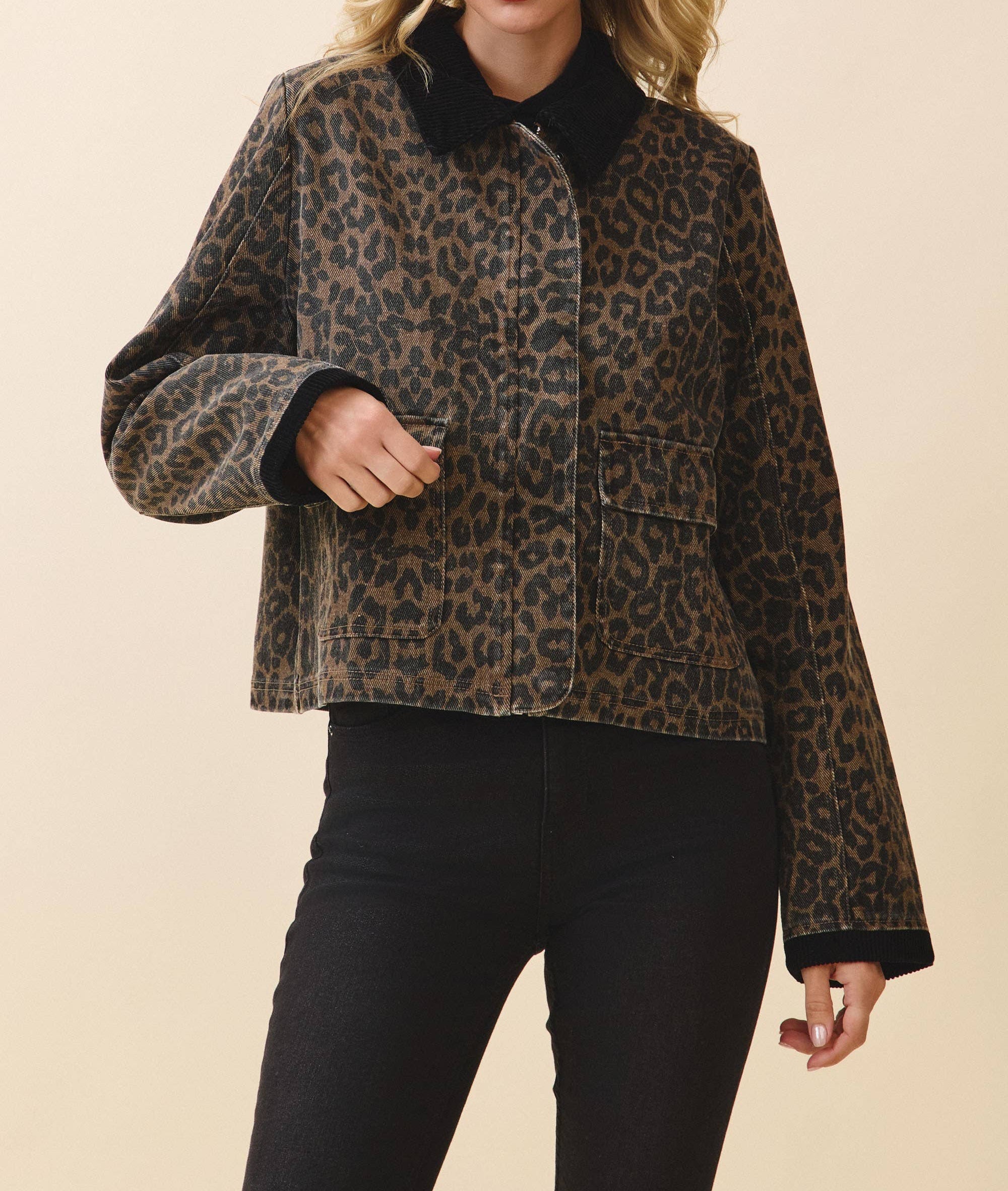 Leopard Print Corduroy Detail Jacket
