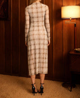 PLAID MESH RUCHED HIGH NECK LONG SLEEVE MIDI DRESS