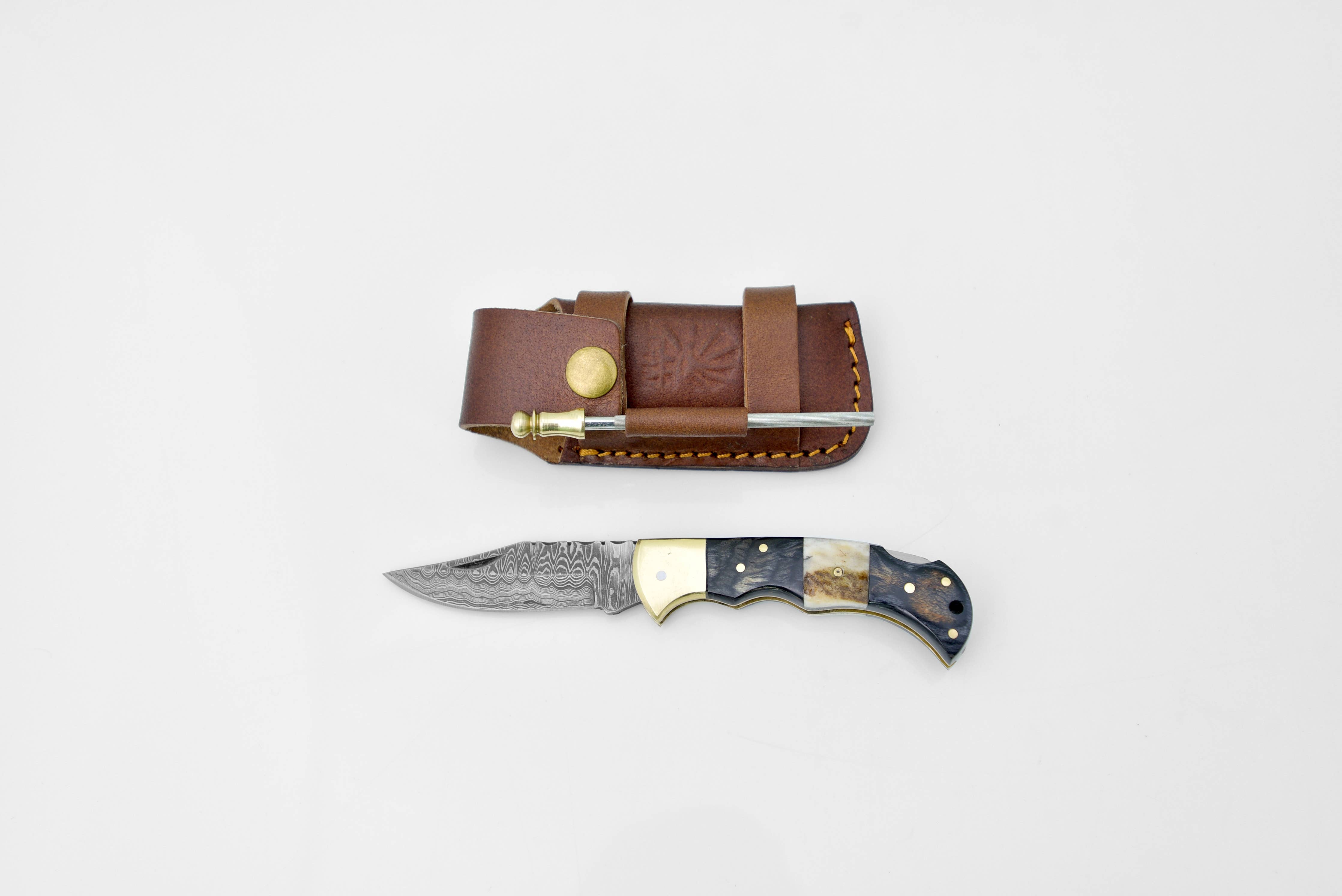 Damascus steel pocket knife Limited Run Black Diamond Wood and Stag Horn