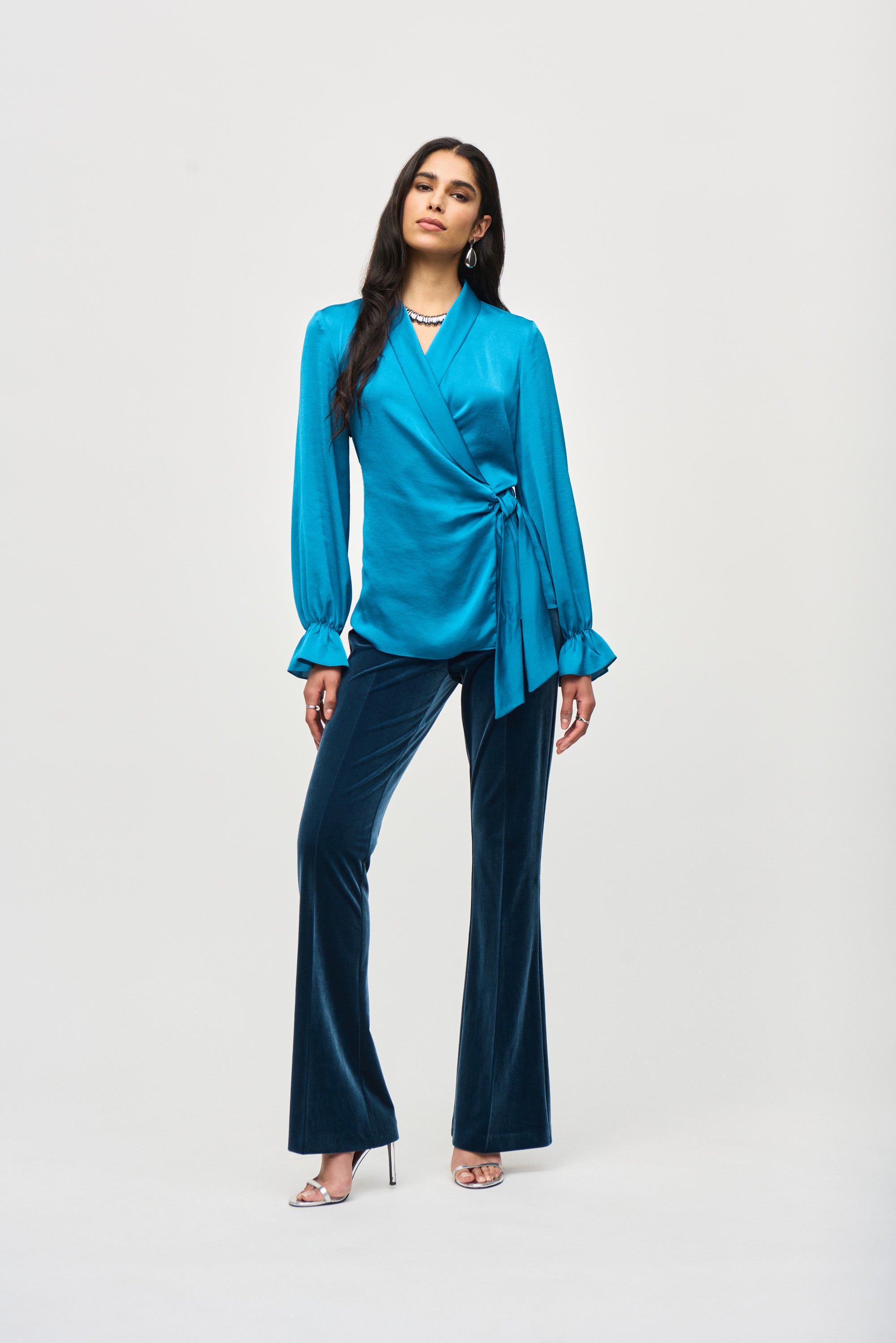 JR Pacific Blue Satin Wrap Blouse