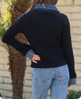 Mixed Media Denim Contrast Sweater Cardigan
