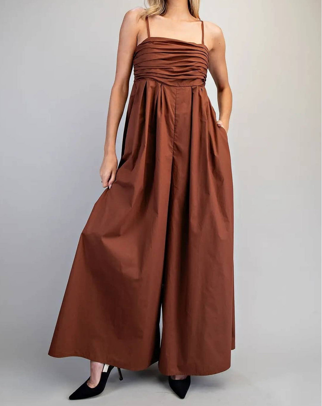 Cocoa Brown Ruched Sleeveless Jumpsuit