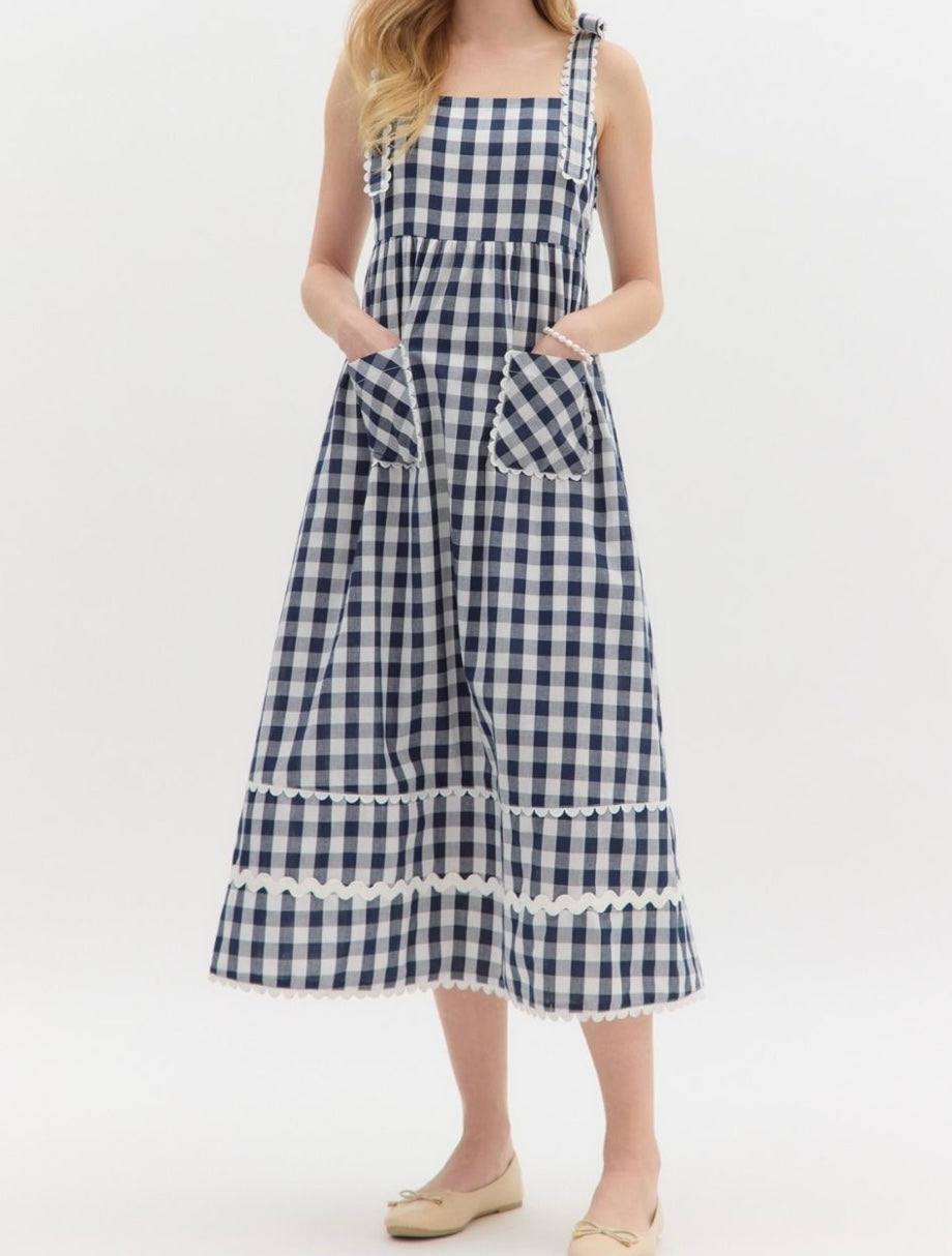 Noelle Navy Gingham Midi Dress