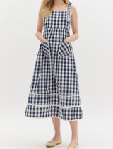 Noelle Navy Gingham Midi Dress