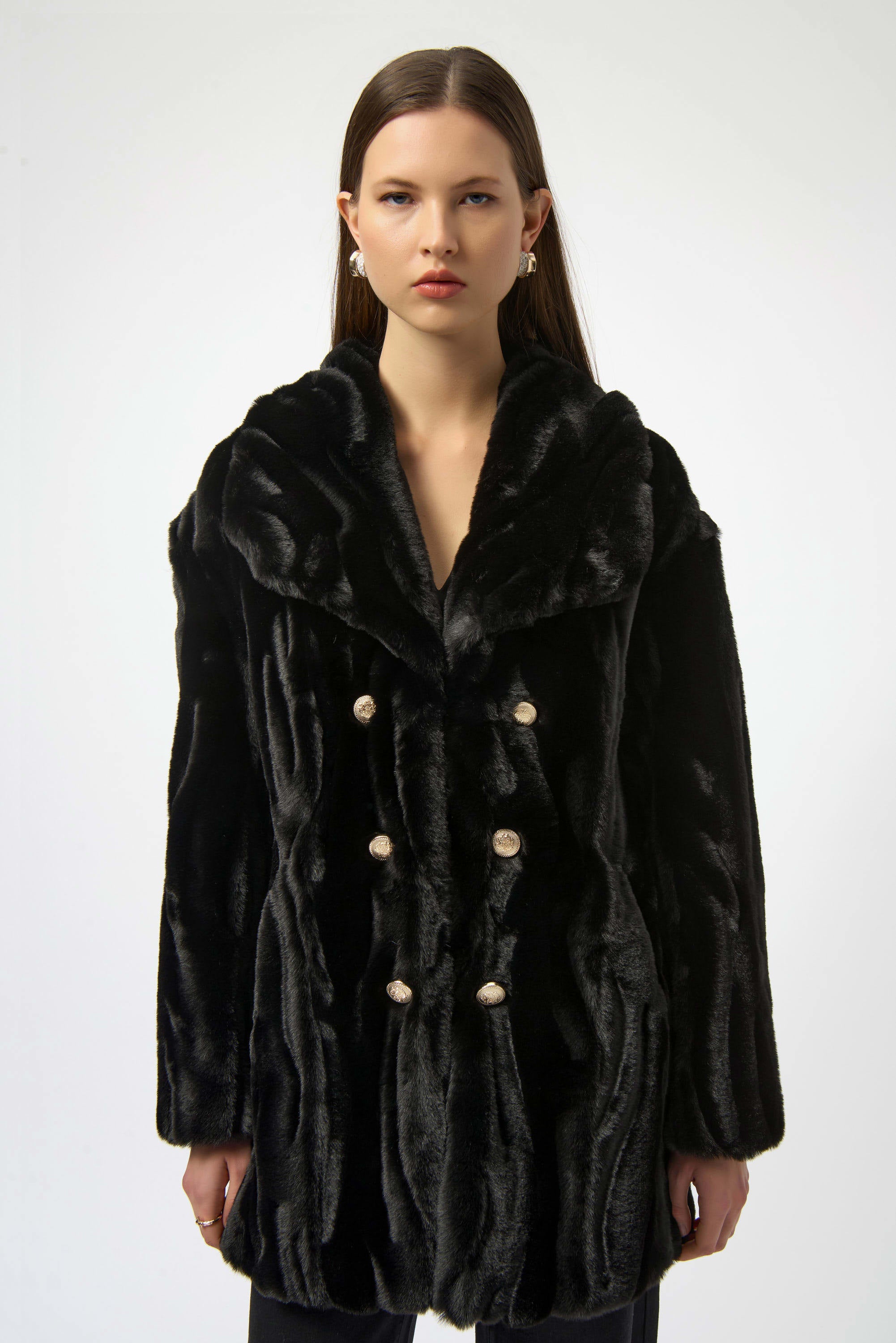 JR Textured Faux Fur Shawl Collar Coat