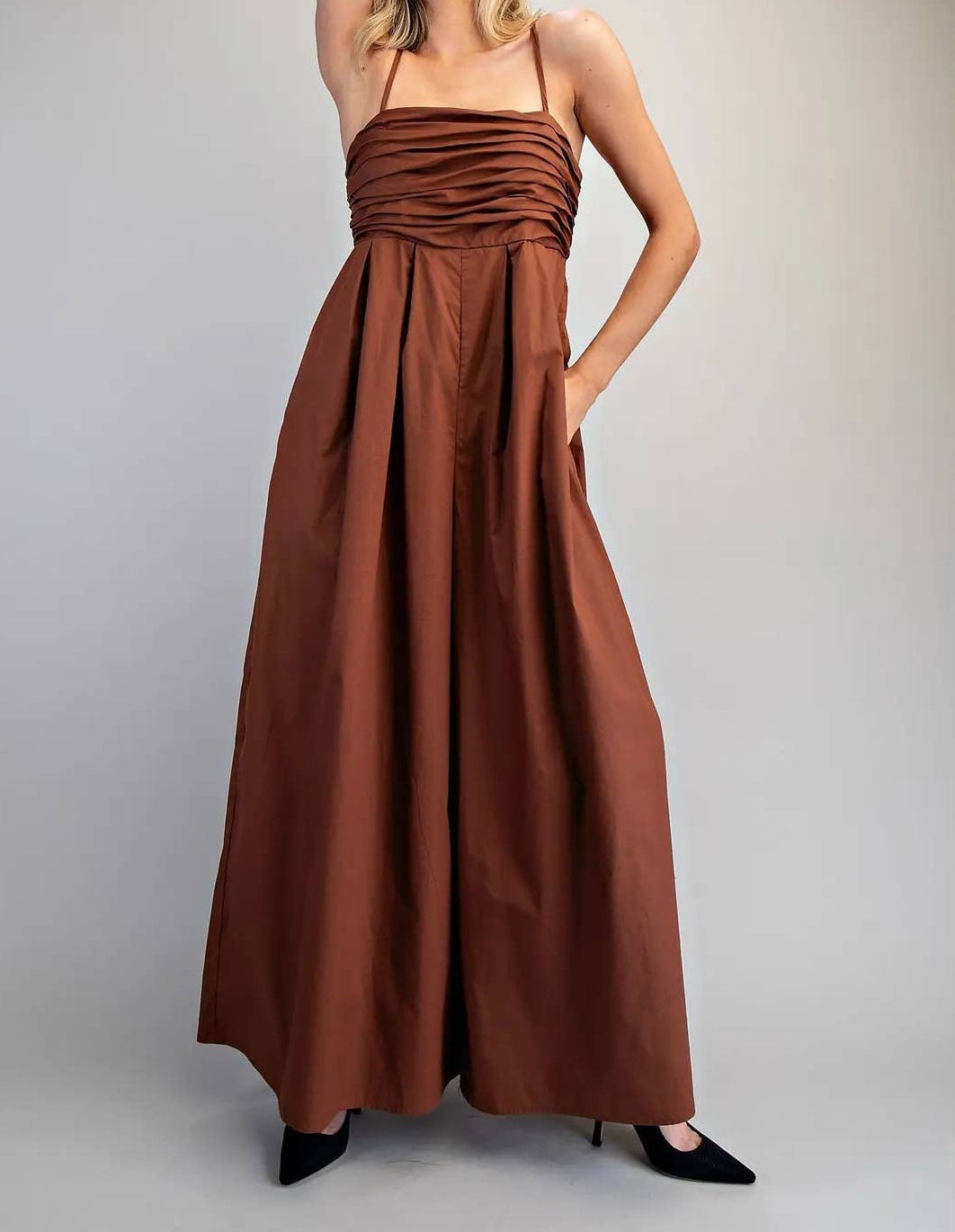 Cocoa Brown Ruched Sleeveless Jumpsuit