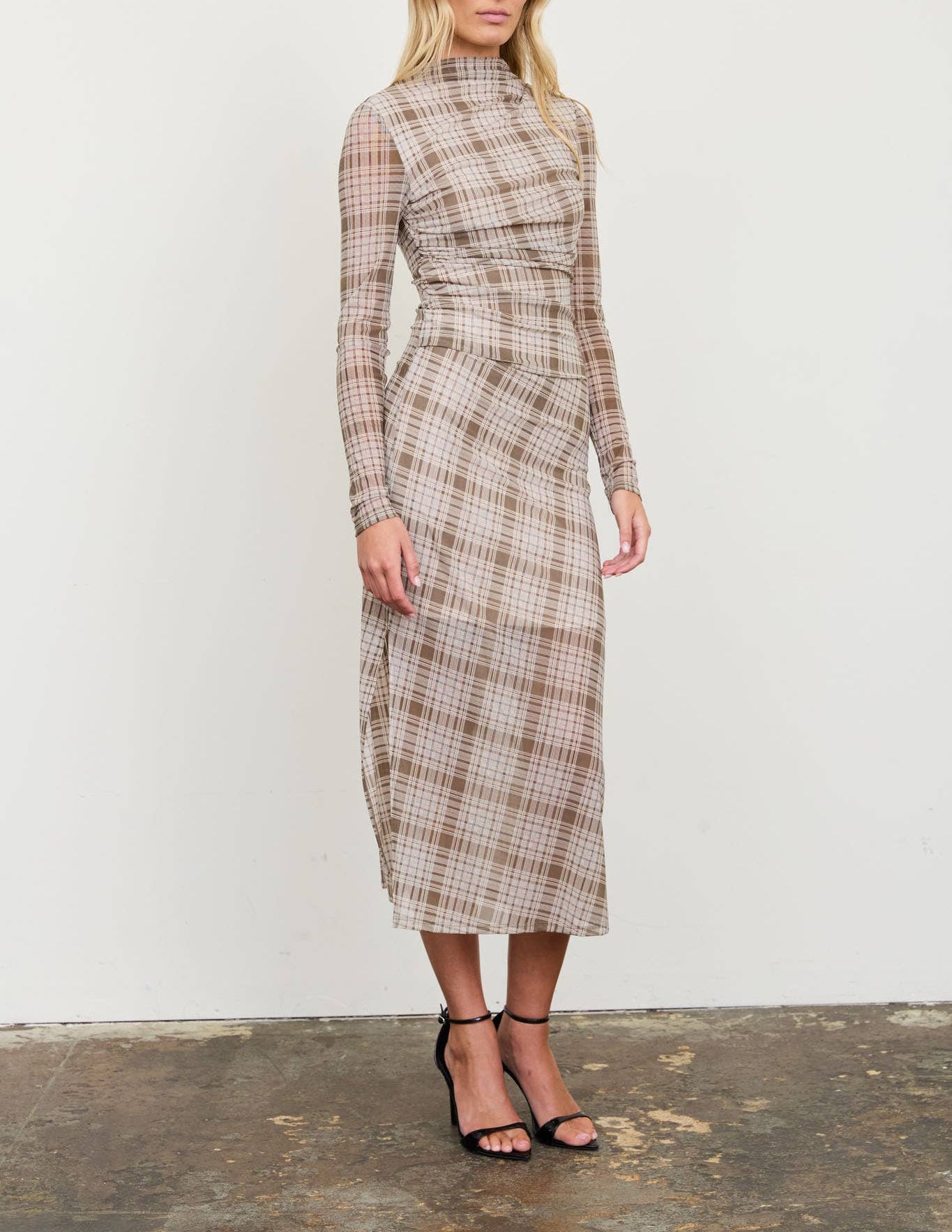 PLAID MESH RUCHED HIGH NECK LONG SLEEVE MIDI DRESS