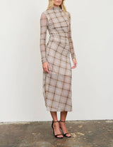 PLAID MESH RUCHED HIGH NECK LONG SLEEVE MIDI DRESS