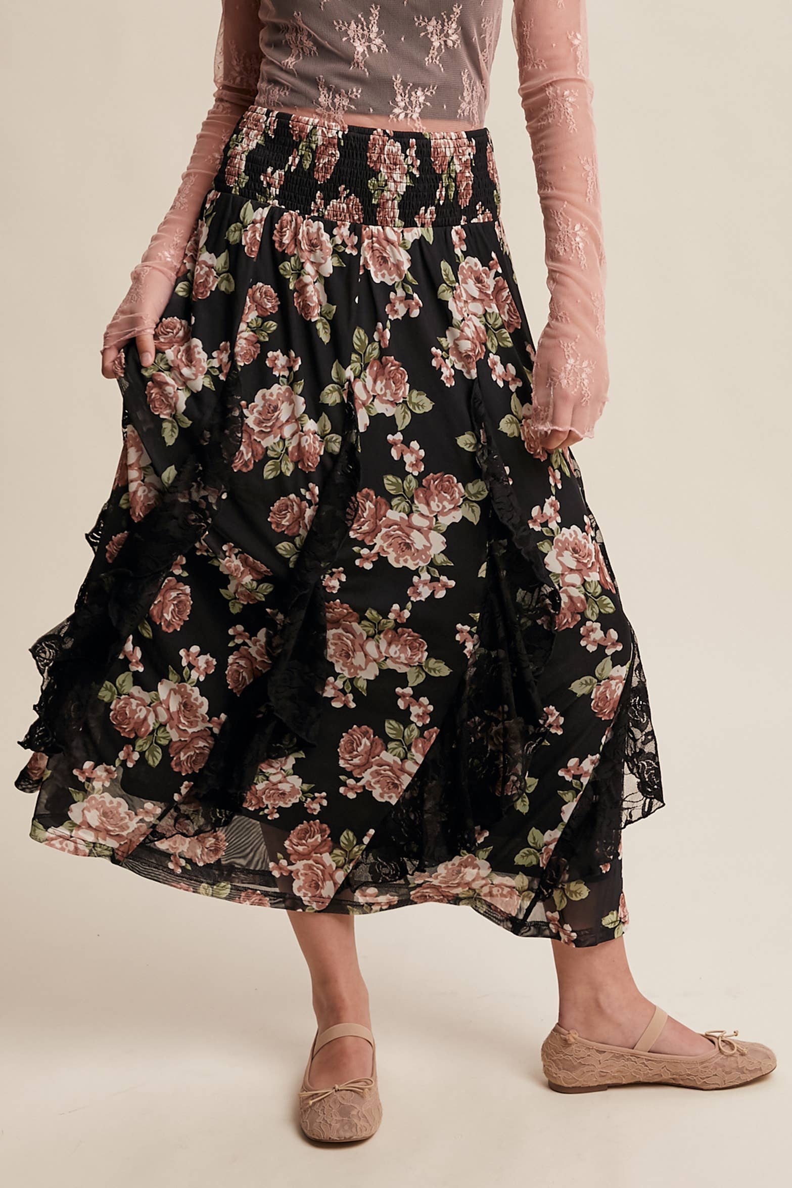 Rose Ruffle Midi Skirt