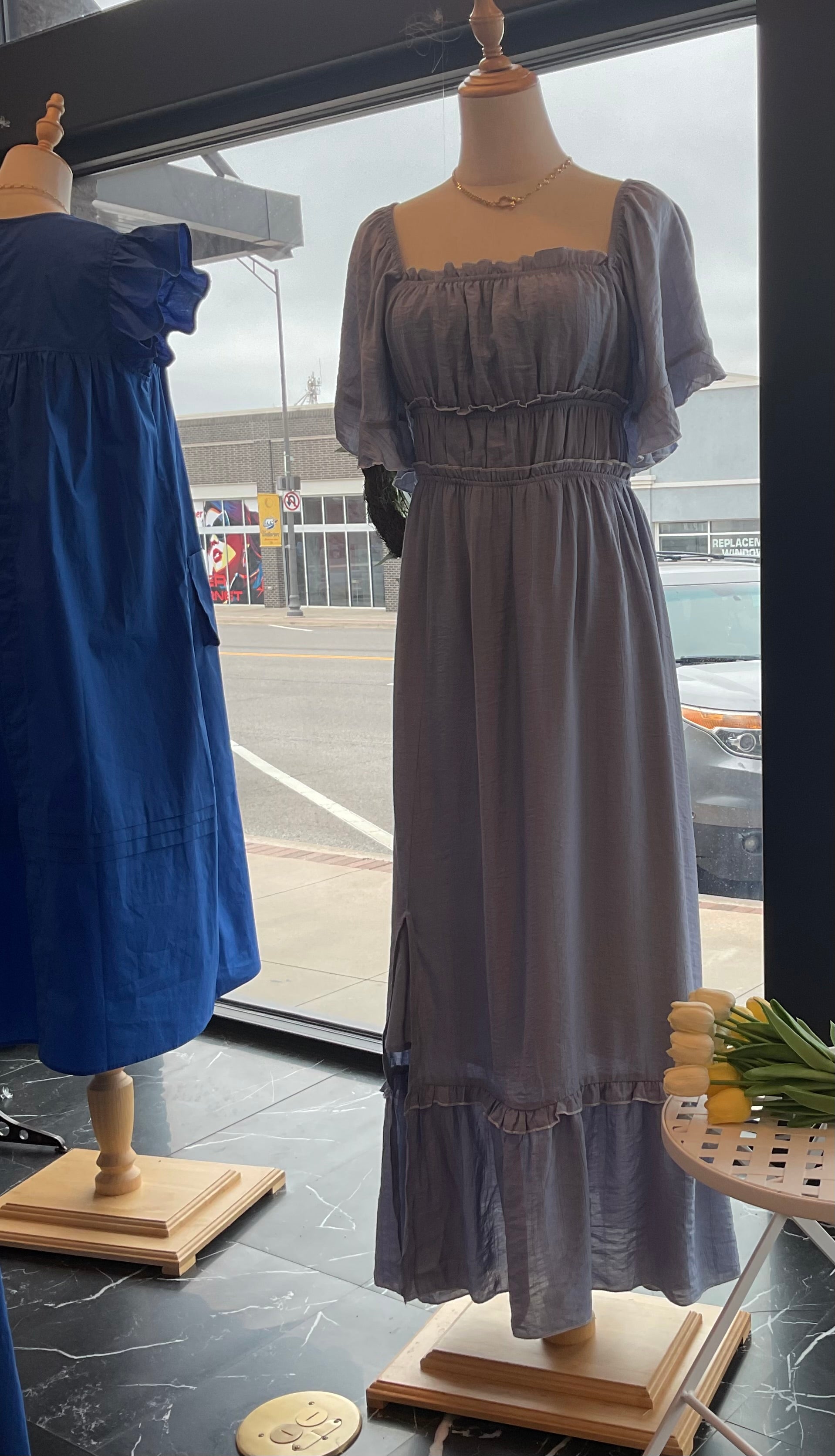 Dustee Blue Flutter Sleeve Midi Dress