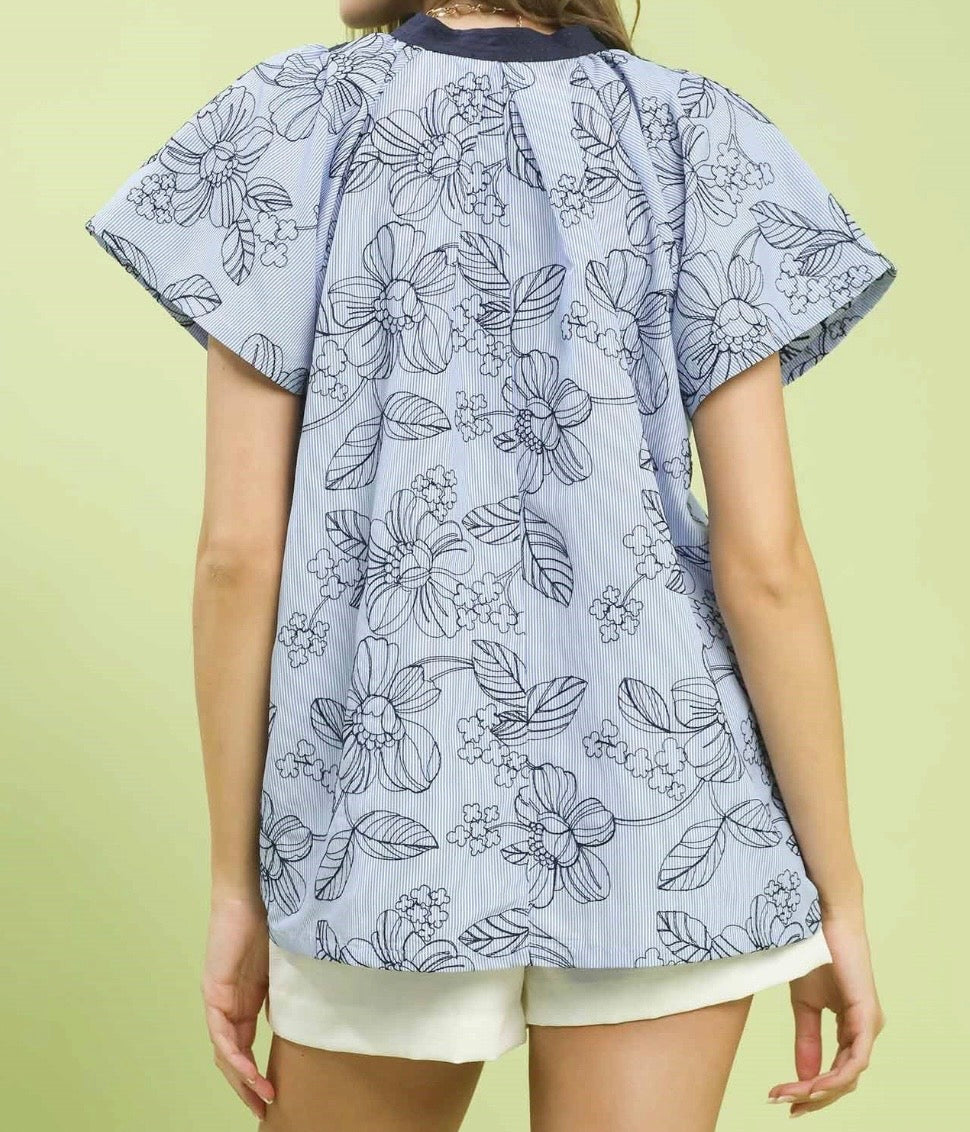 Christie Striped Embroidered V Neck Top