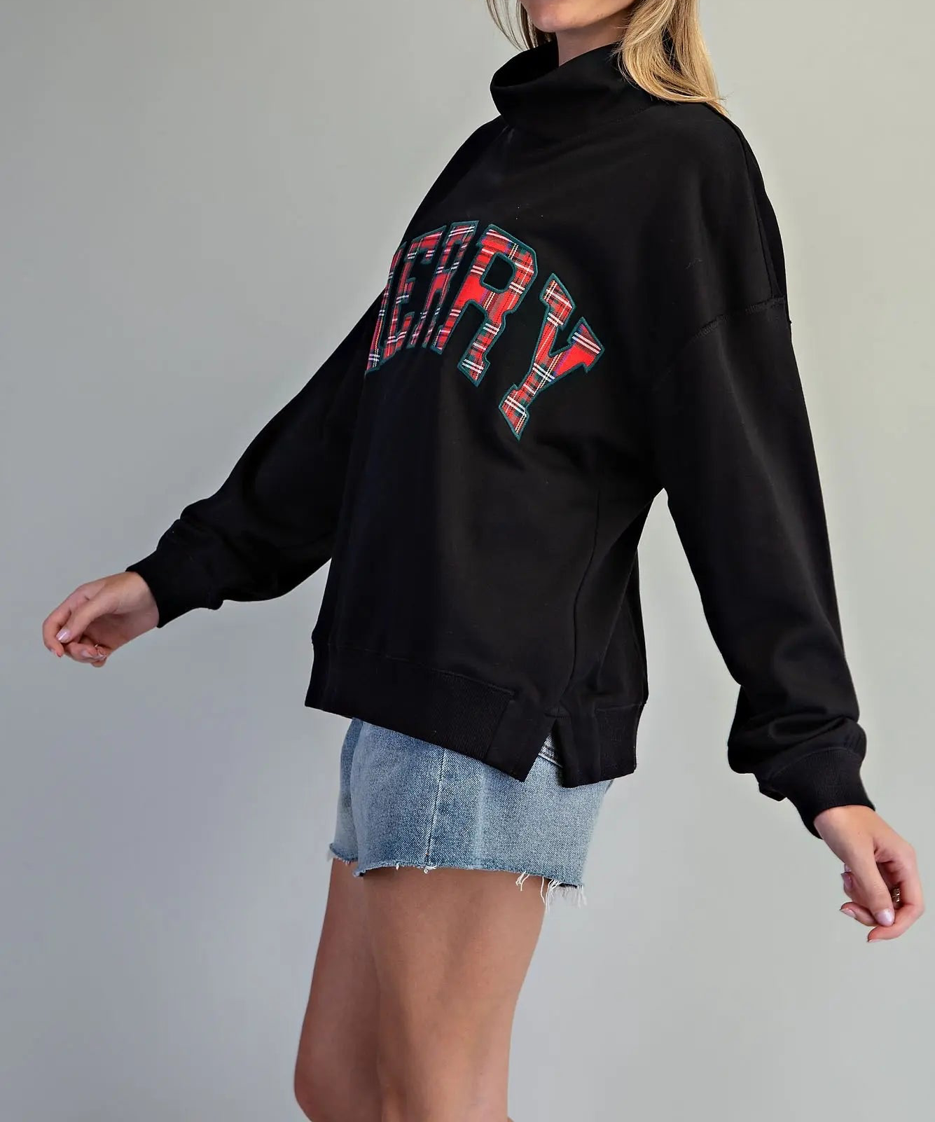 Plaid Merry Mock Neck Pullover