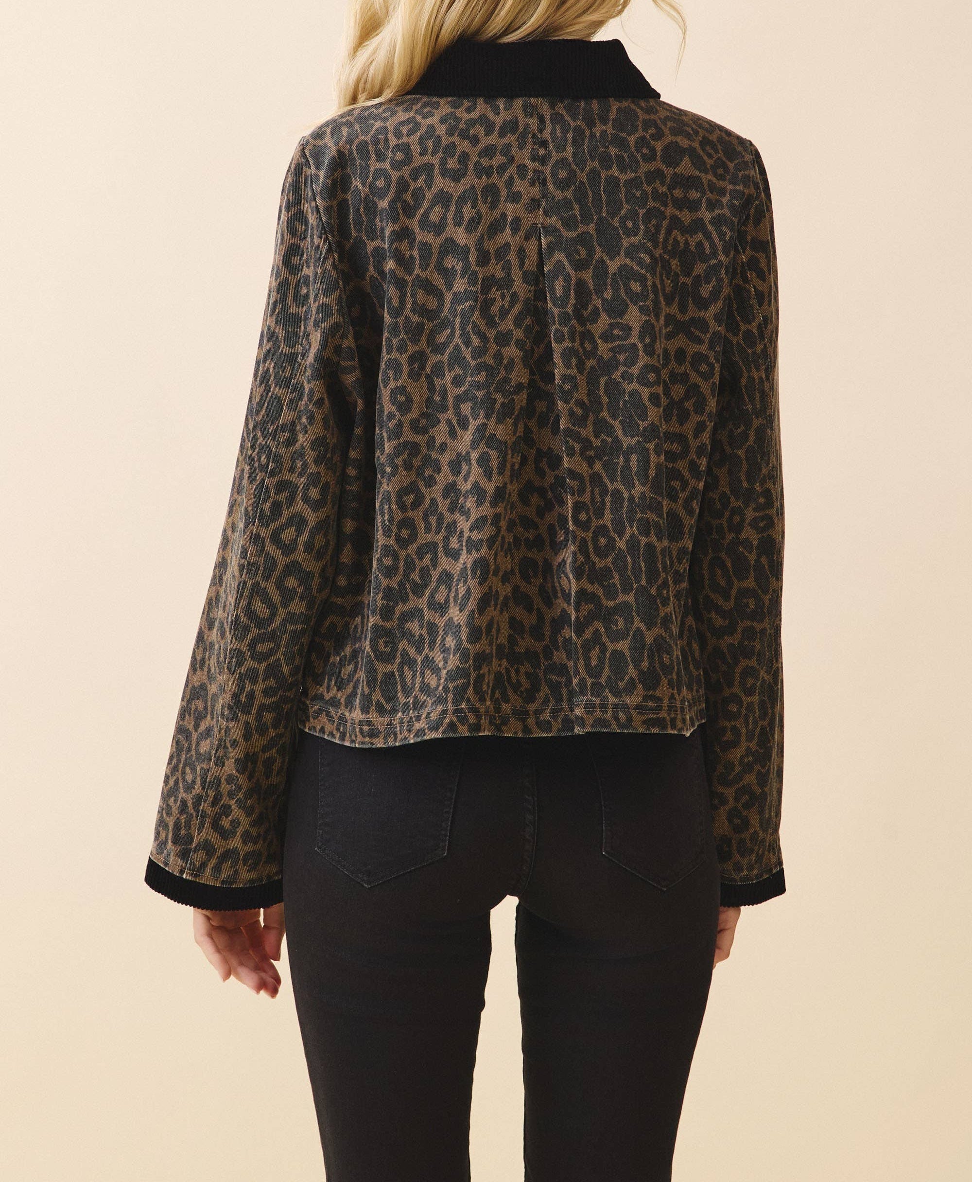 Leopard Print Corduroy Detail Jacket