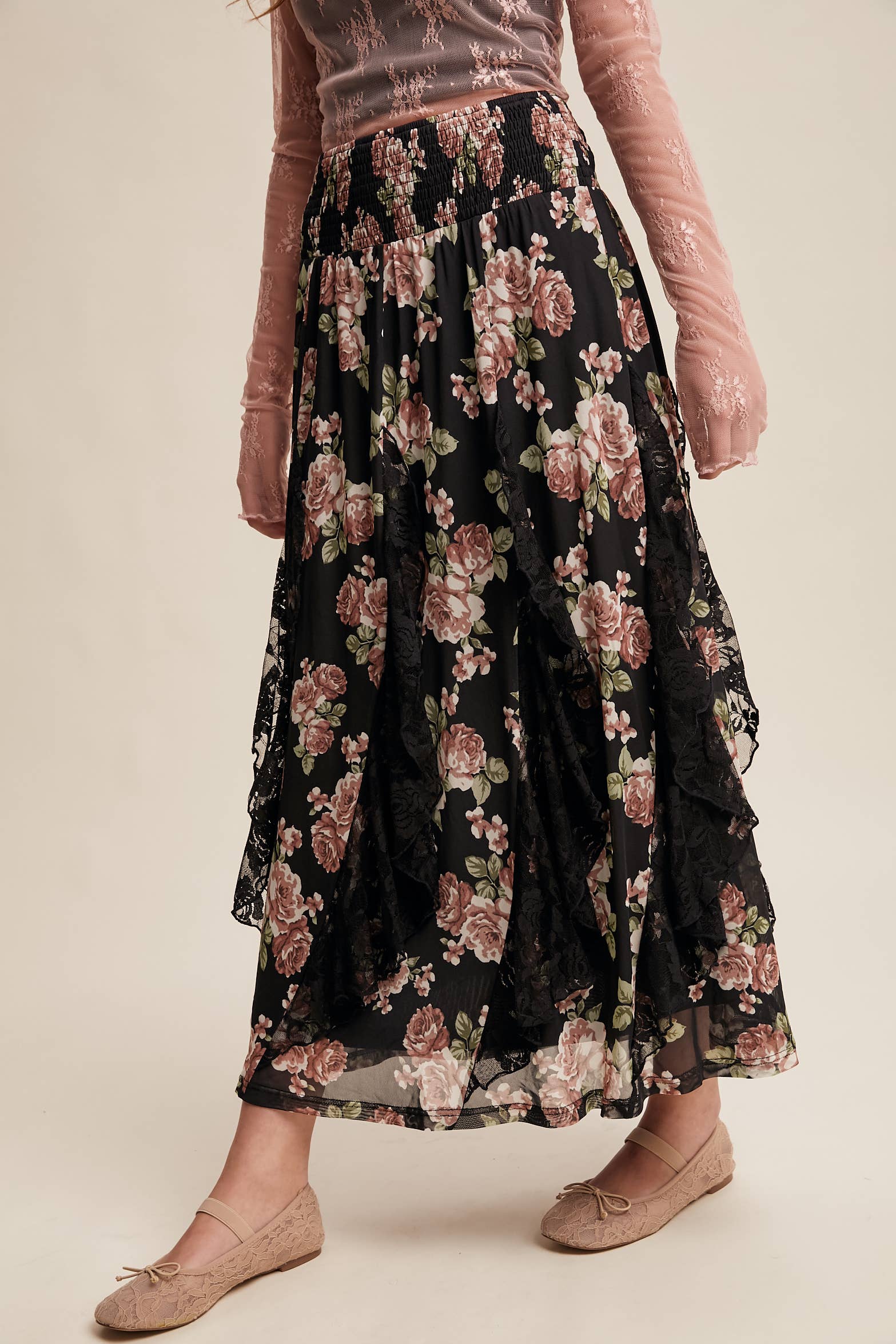 Rose Ruffle Midi Skirt