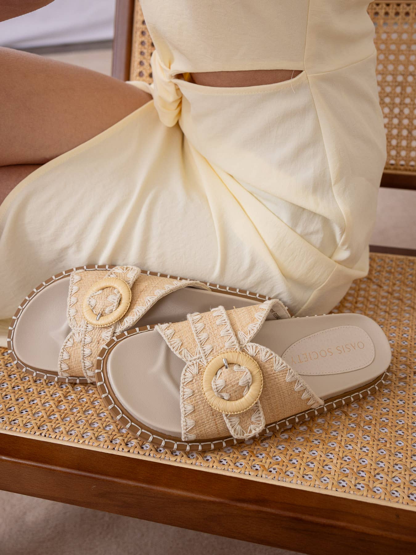 The Sunnie Natural Raffia Buckle Slide