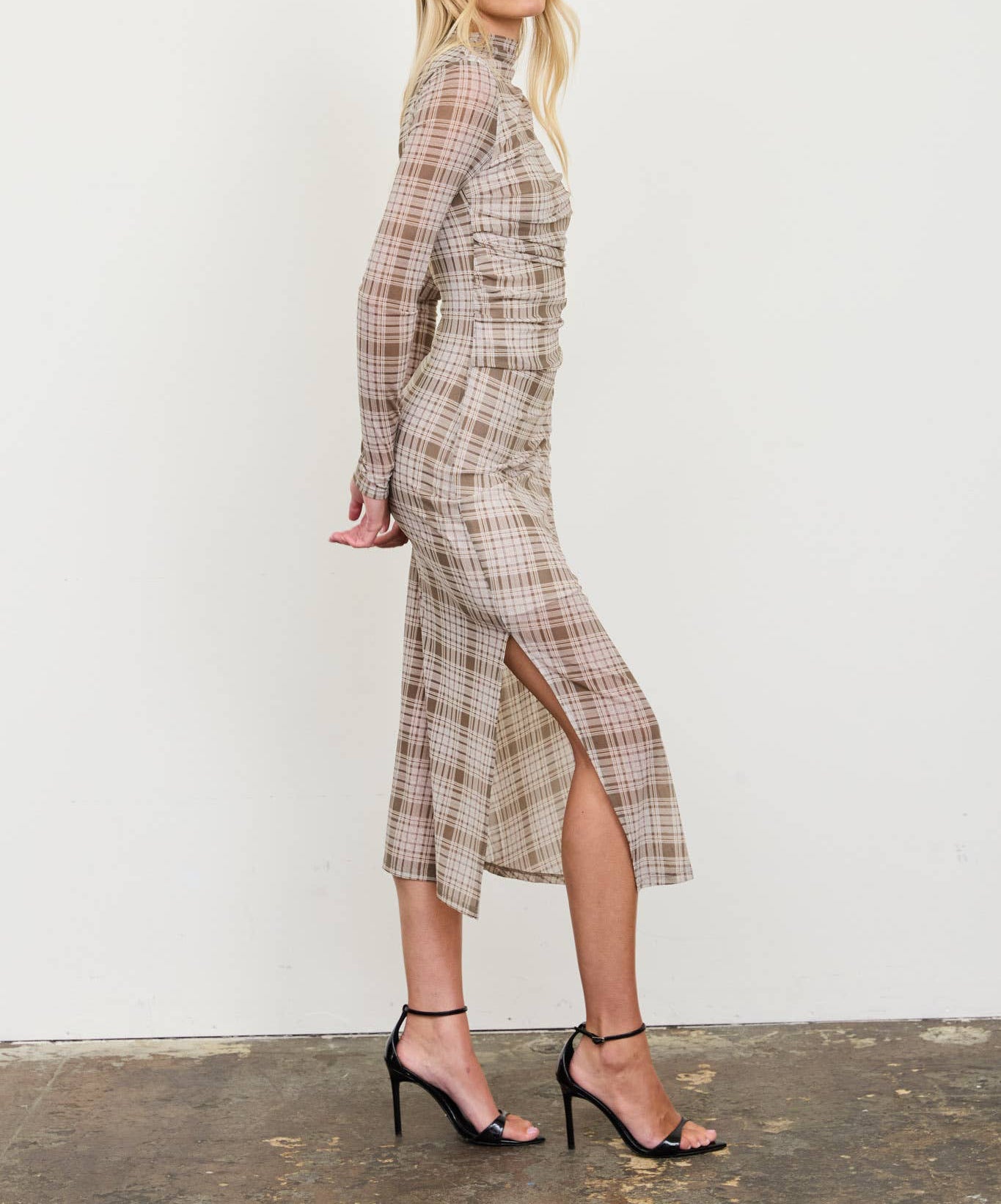 PLAID MESH RUCHED HIGH NECK LONG SLEEVE MIDI DRESS