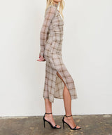 PLAID MESH RUCHED HIGH NECK LONG SLEEVE MIDI DRESS