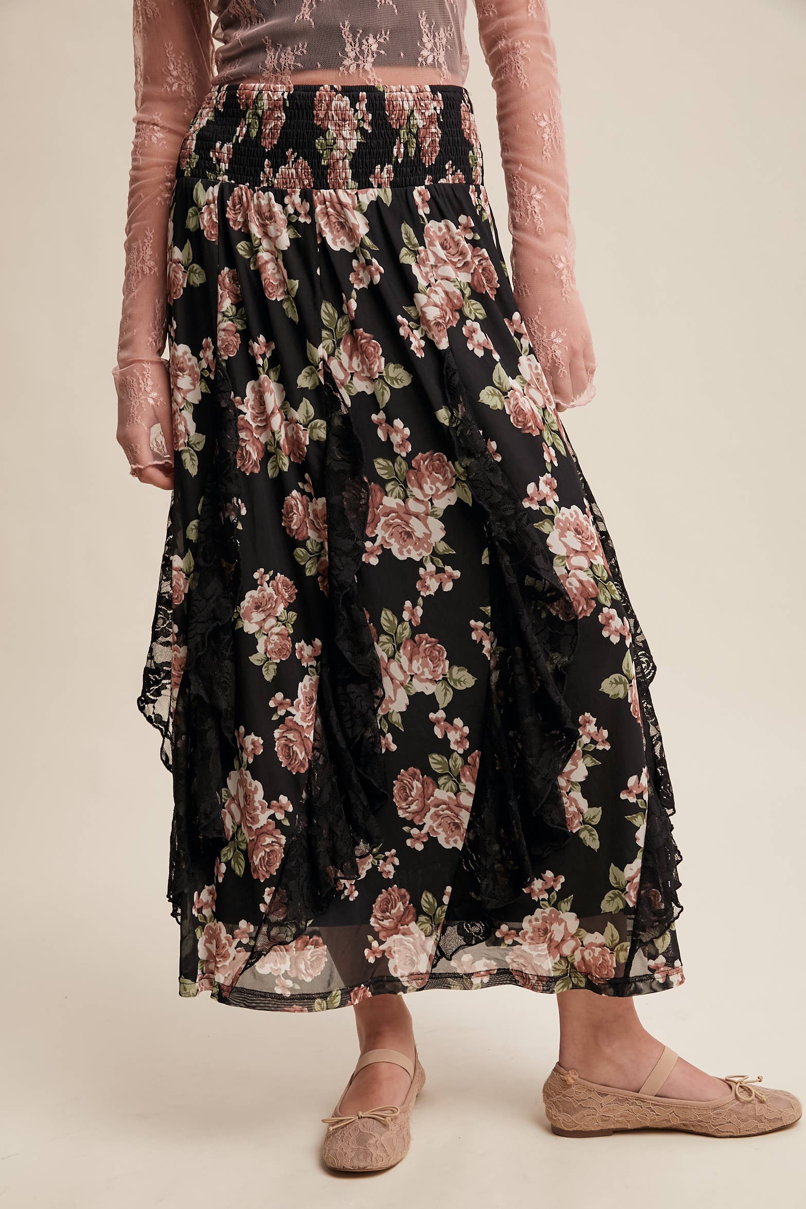 Rose Ruffle Midi Skirt