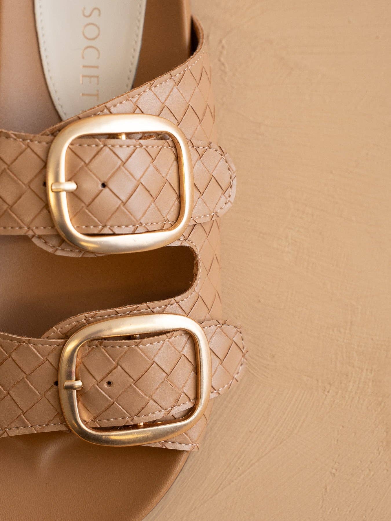 The Desiree | Almond Woven Slide with Oversized Gold Buckles