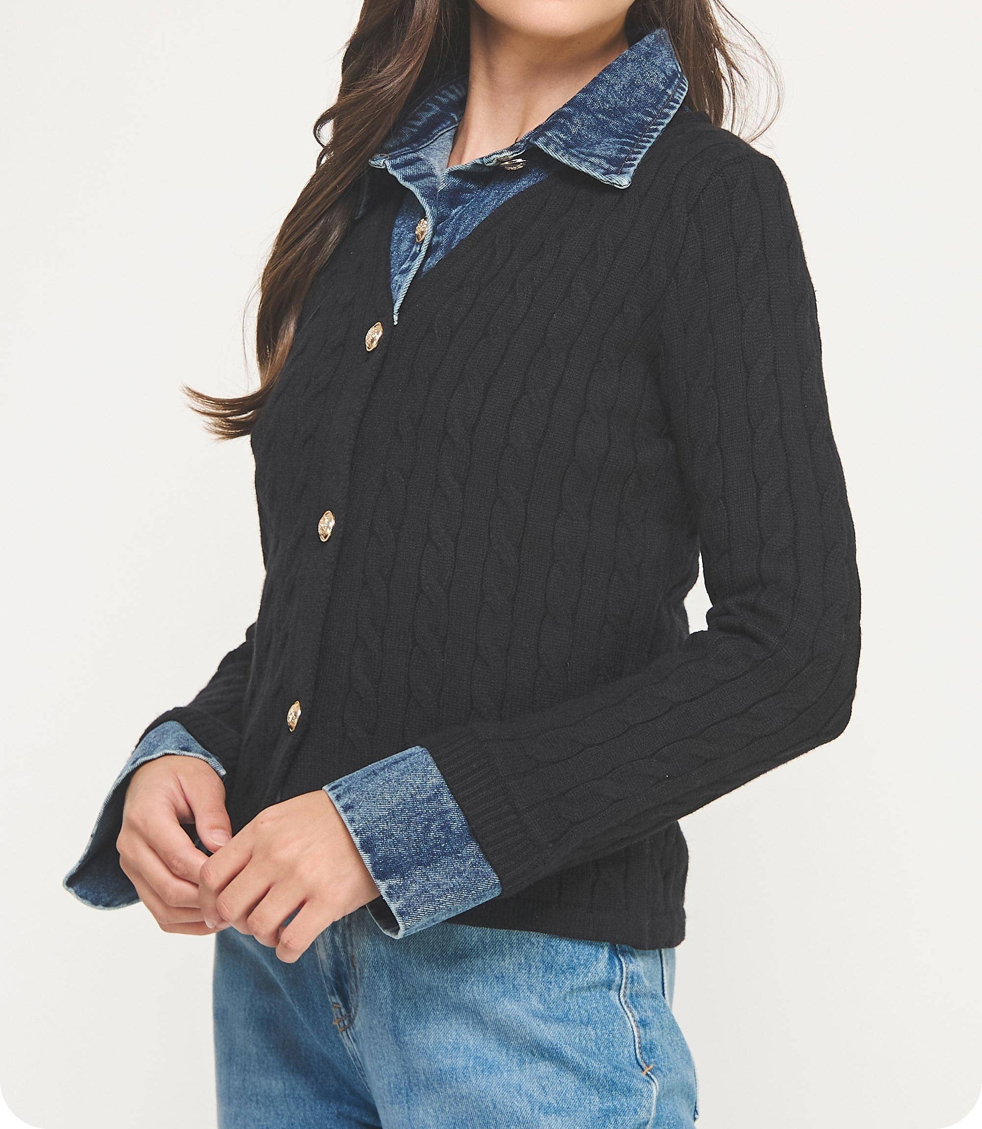 Mixed Media Denim Contrast Sweater Cardigan