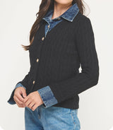Mixed Media Denim Contrast Sweater Cardigan