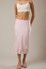 Pink Petal Lace Trim Midi Skirt