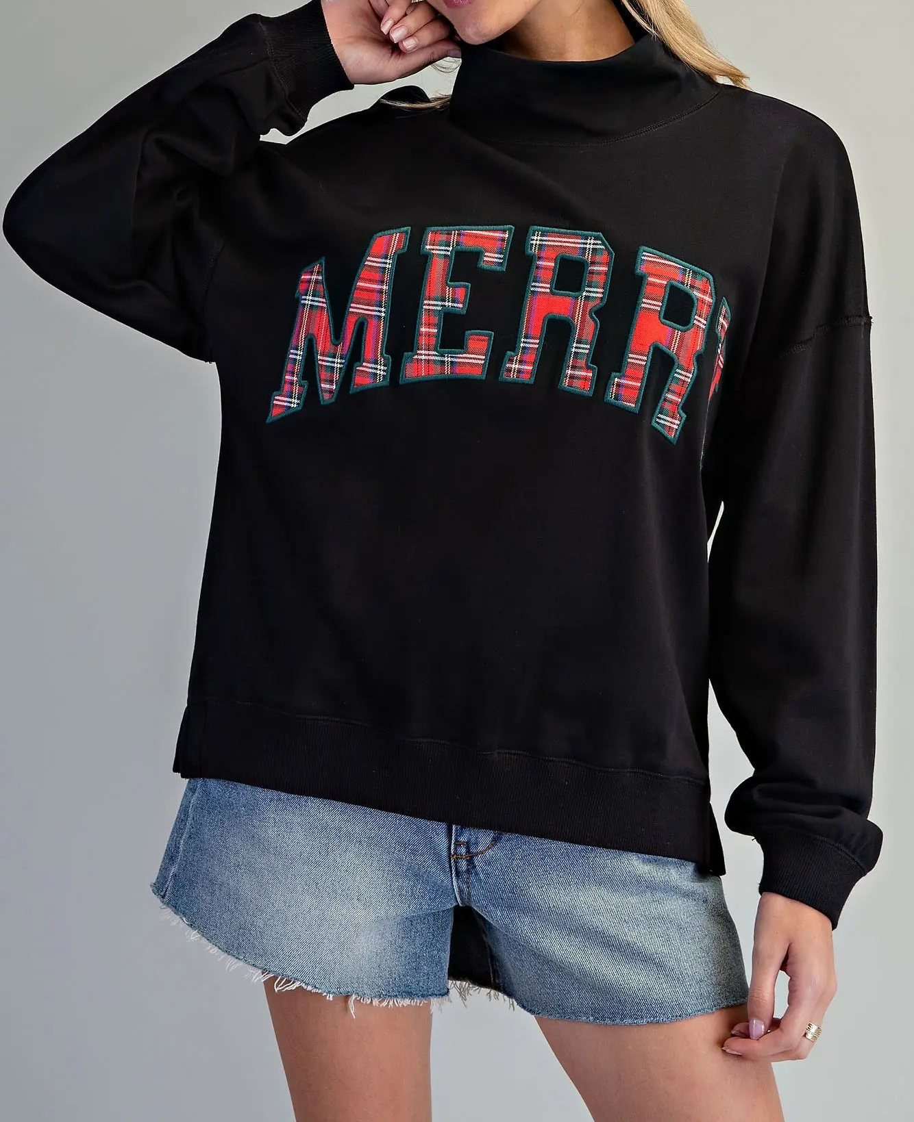 Plaid Merry Mock Neck Pullover